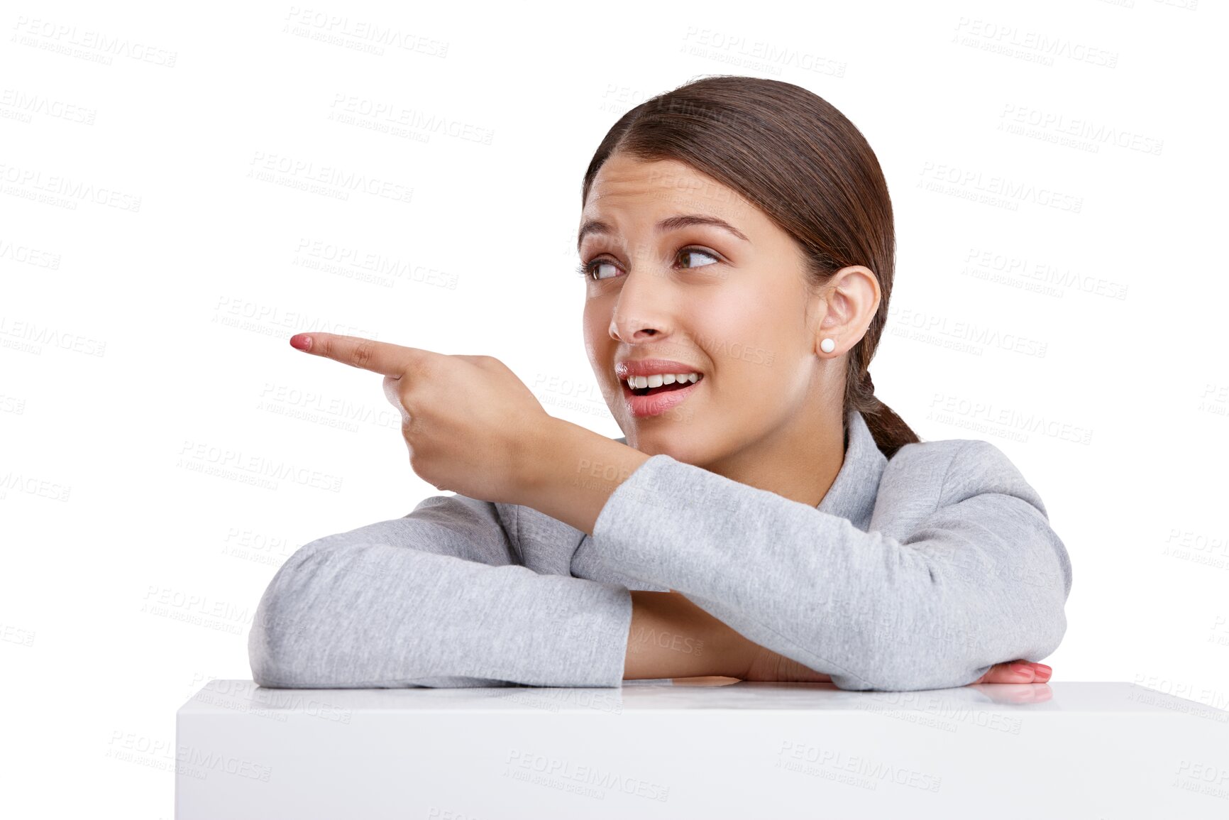 Buy stock photo Business, pointing and woman with promotion, direction and employee isolated on a transparent background. Choice, entrepreneur or consultant with gesture, png or opportunity with announcement or sale