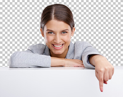 Buy stock photo Smile, portrait and a woman pointing by a desk for advertising, marketing or mockup branding. Smile, girl or person with a hand sign on table space and isolated on a transparent png background