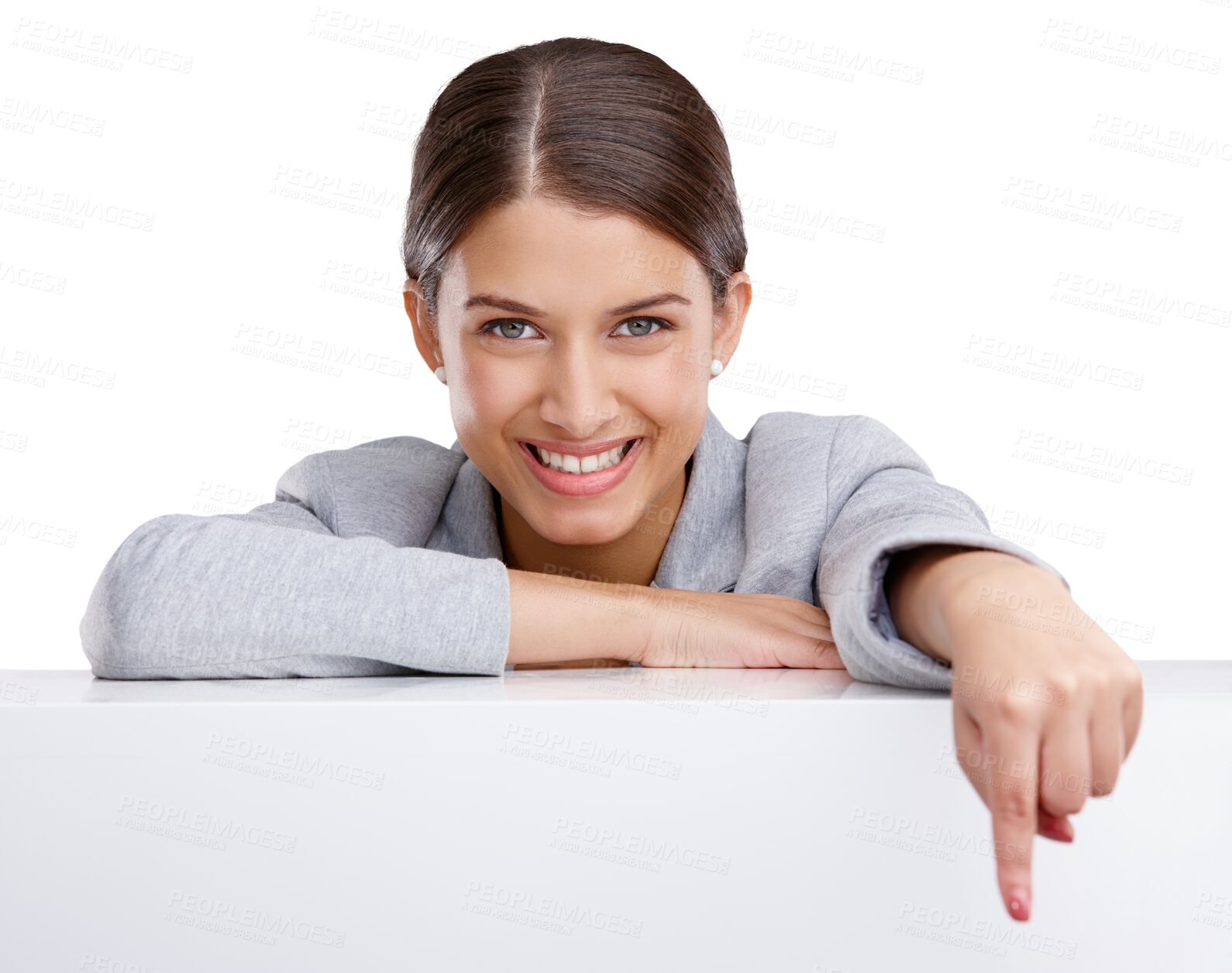 Buy stock photo Smile, portrait and a woman pointing by a desk for advertising, marketing or mockup branding. Smile, girl or person with a hand sign on table space and isolated on a transparent png background