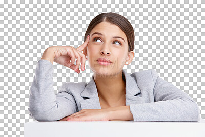 Buy stock photo Thinking, idea and face of business woman on isolated, png and transparent background with table. Corporate worker, professional and female person looking up for brainstorming, planning and thought