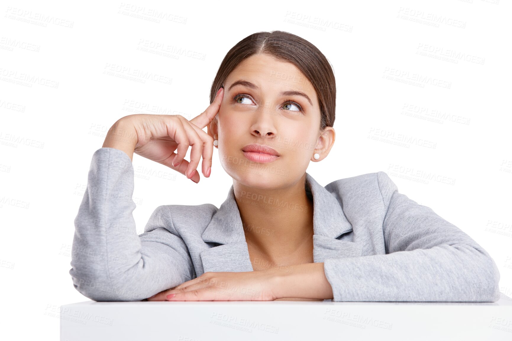 Buy stock photo Thinking, idea and face of business woman on isolated, png and transparent background with table. Corporate worker, professional and female person looking up for brainstorming, planning and thought