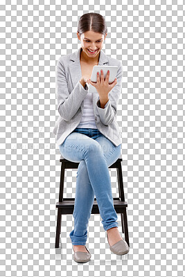 Buy stock photo Happy, business woman and reading on tablet with news, announcement or information on transparent, isolated or png background. Mobile app, girl on scrolling on social media, internet or online user