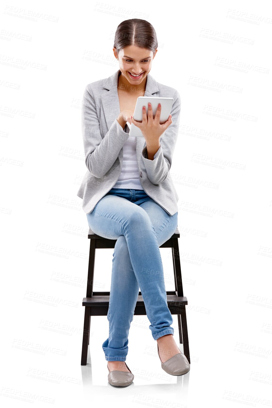 Buy stock photo Happy, business woman and reading on tablet with news, announcement or information on transparent, isolated or png background. Mobile app, girl on scrolling on social media, internet or online user