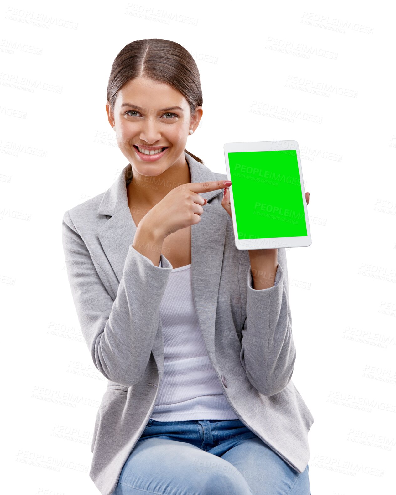 Buy stock photo Business woman, tablet and green screen presentation or advertising, social media and information mockup. Person pointing, digital technology space and portrait isolated on transparent png background