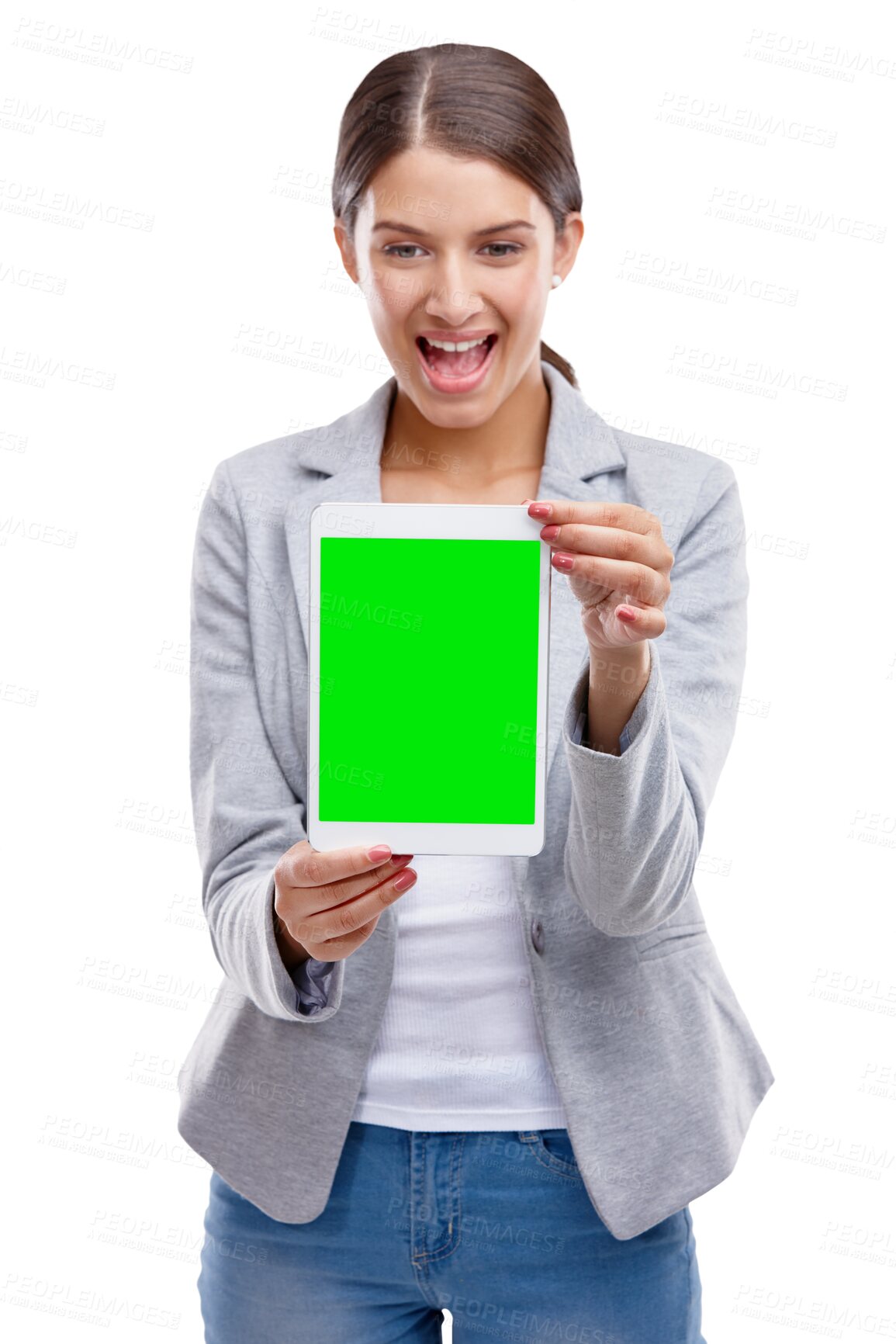 Buy stock photo Woman, winner and tablet green screen for student news and university announcement in mockup. Excited, surprise and wow of person for digital e learning success isolated on transparent png background