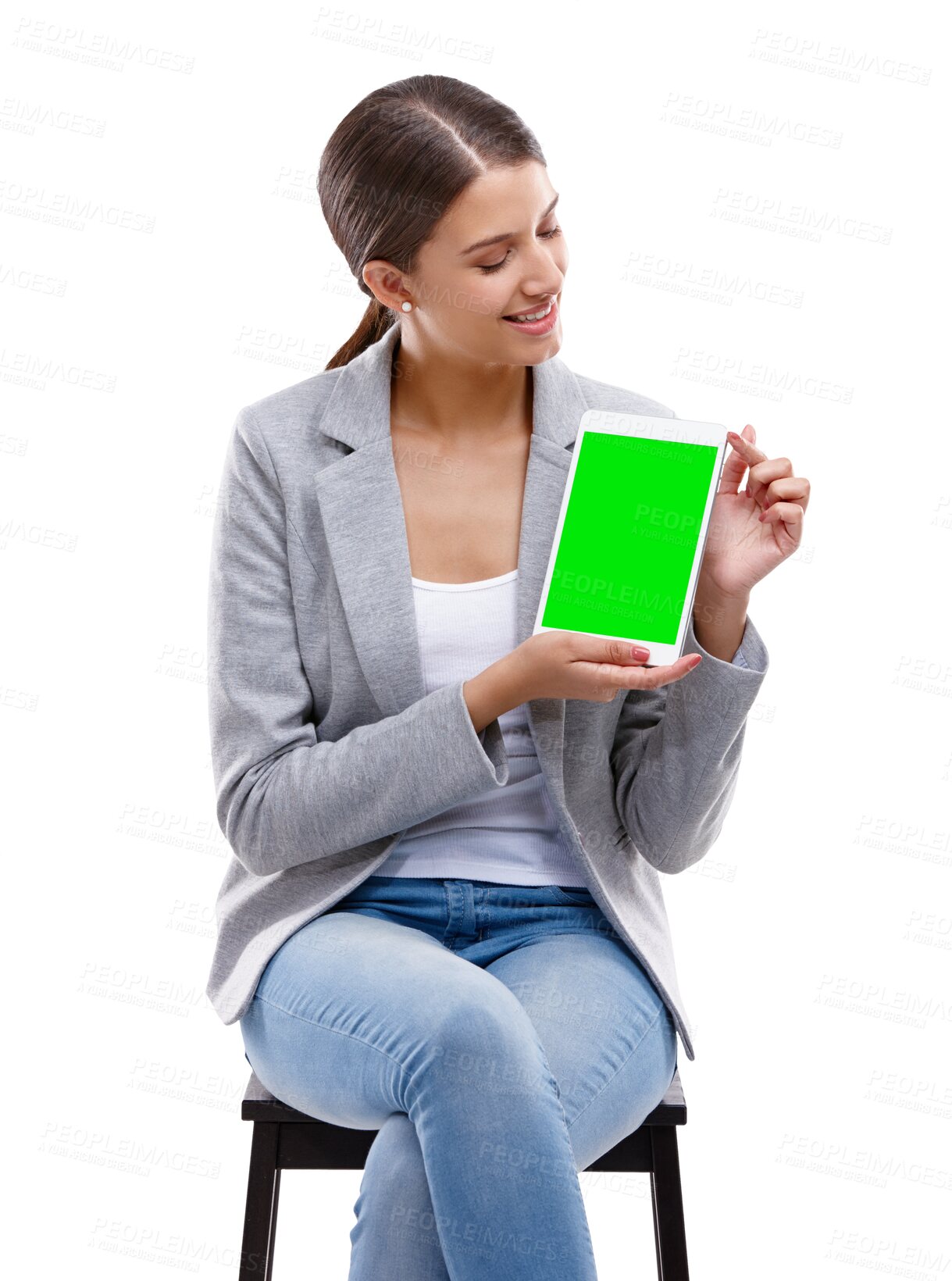 Buy stock photo Business woman, tablet and green screen advertising or social media presentation and information mockup. Young person on chair, digital technology space and web isolated on transparent png background