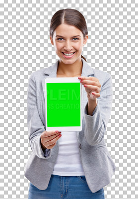 Buy stock photo Woman, tablet and green screen presentation, business marketing or online information mockup in portrait. Graphic designer person with digital technology space isolated on transparent png background 