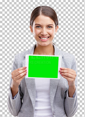 Buy stock photo Business woman, tablet presentation and green screen for marketing, online information and design mockup in portrait. Happy person and digital technology space isolated on transparent, png background