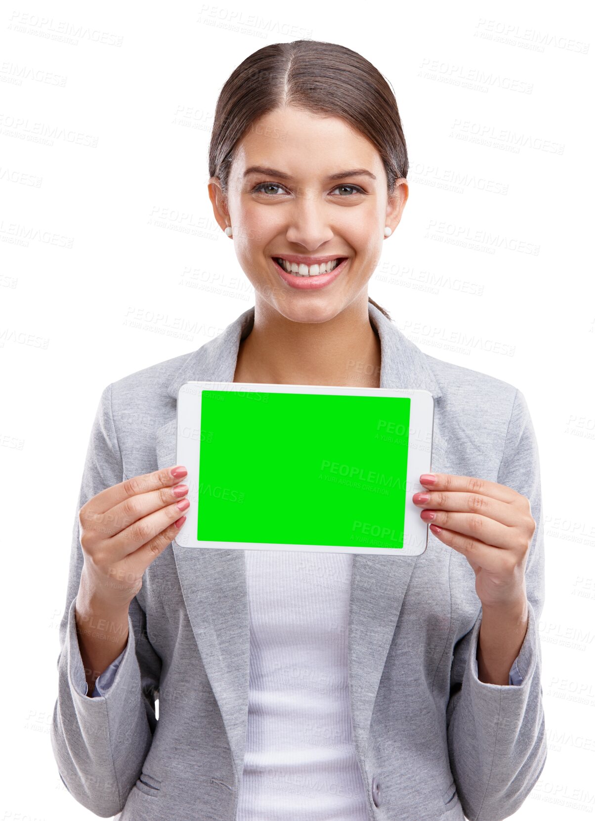 Buy stock photo Business woman, tablet presentation and green screen for marketing, online information and design mockup in portrait. Happy person and digital technology space isolated on transparent, png background