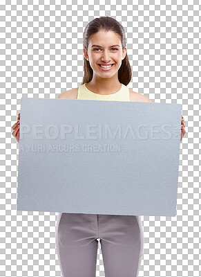 Buy stock photo Isolated business woman, portrait and poster for mockup space, promotion and transparent png background. Entrepreneur, manager or employee with smile, paper billboard and media for advertising design