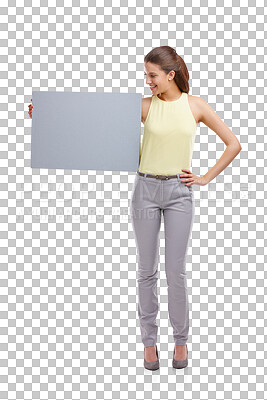 Buy stock photo Poster mockup, fashion and young woman with advertising space for news, information or sale in full body. Person with promotion and sign or presentation isolated on transparent, png background