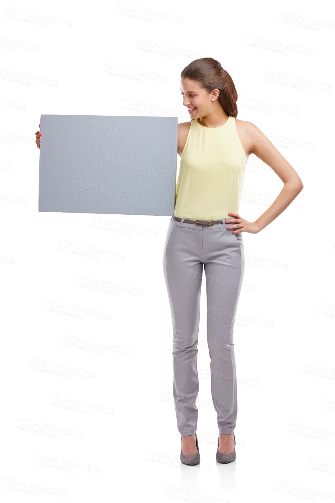 Buy stock photo Poster mockup, fashion and young woman with advertising space for news, information or sale in full body. Person with promotion and sign or presentation isolated on transparent, png background