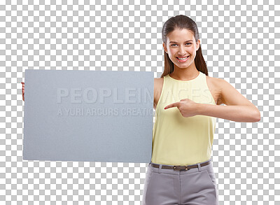 Buy stock photo Isolated business woman, pointing and poster with smile, mockup space and review by transparent png background. Entrepreneur, manager and portrait with paper billboard, feedback and promo for choice