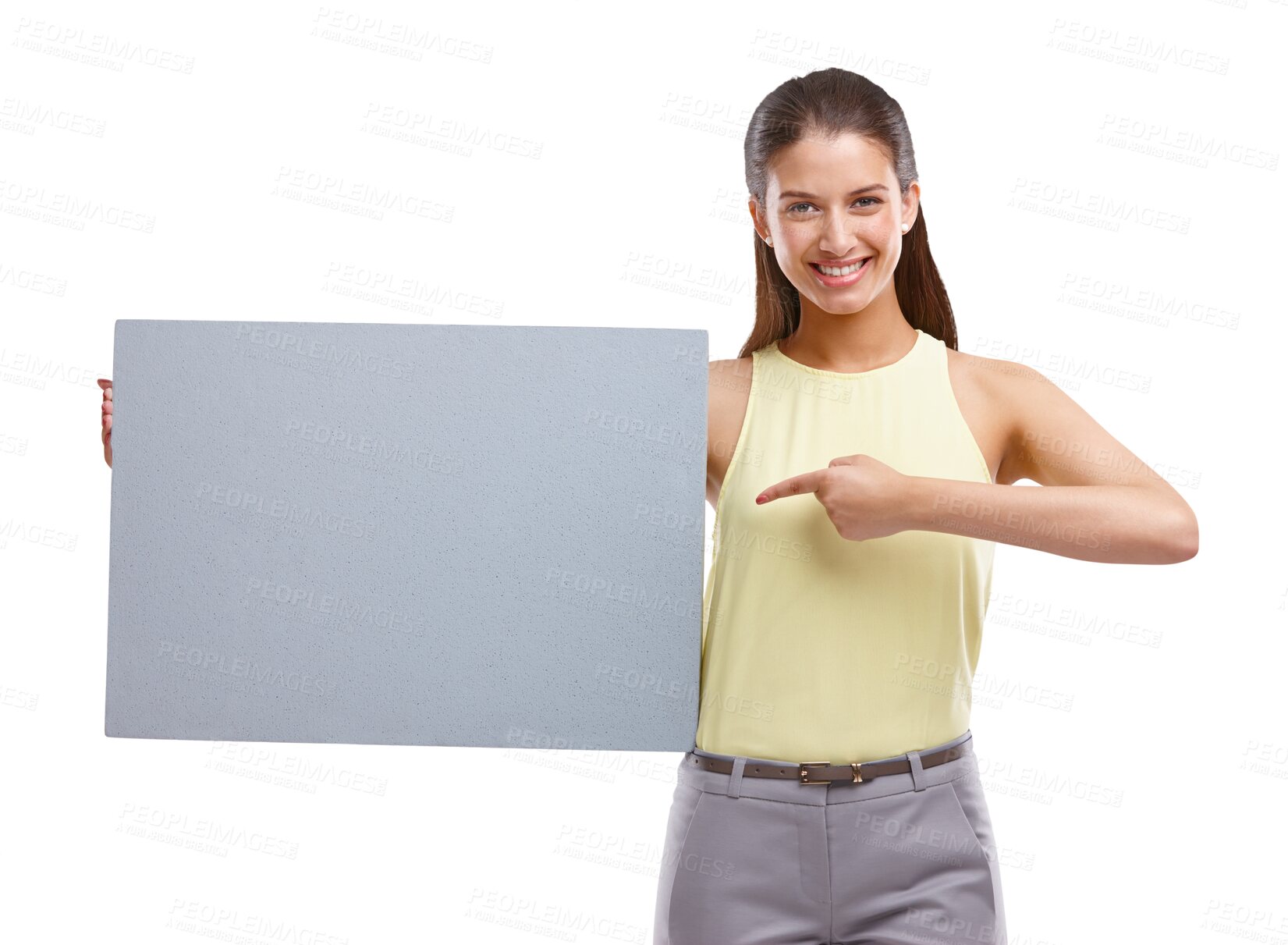 Buy stock photo Isolated business woman, pointing and poster with smile, mockup space and review by transparent png background. Entrepreneur, manager and portrait with paper billboard, feedback and promo for choice