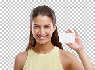 Buy stock photo Isolated woman, blank business card and portrait for  networking, smile and transparent png background. Young entrepreneur and paper with mockup space for promotion, contact and happy for advertising