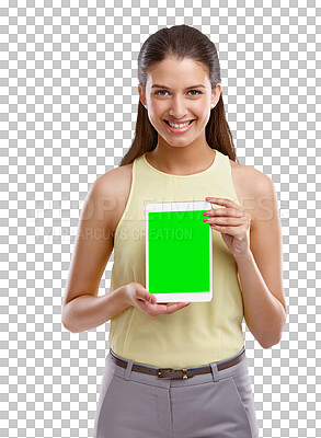 Buy stock photo Portrait of woman with tablet, green screen and isolated on transparent png background with website information mockup. Internet, online promotion and happy model with digital app, smile and space.