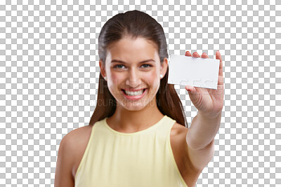 Buy stock photo Business card, portrait and woman with paper mockup presentation of advertising space on transparent, isolated or png background. Logo, branding or entrepreneur marketing and networking for startup
