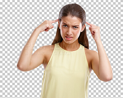 Buy stock photo Portrait, stress and woman with a headache, health issue and girl isolated on a transparent background. Face, female person and model with a migraine, pain and fatigue with emergency, medical and png