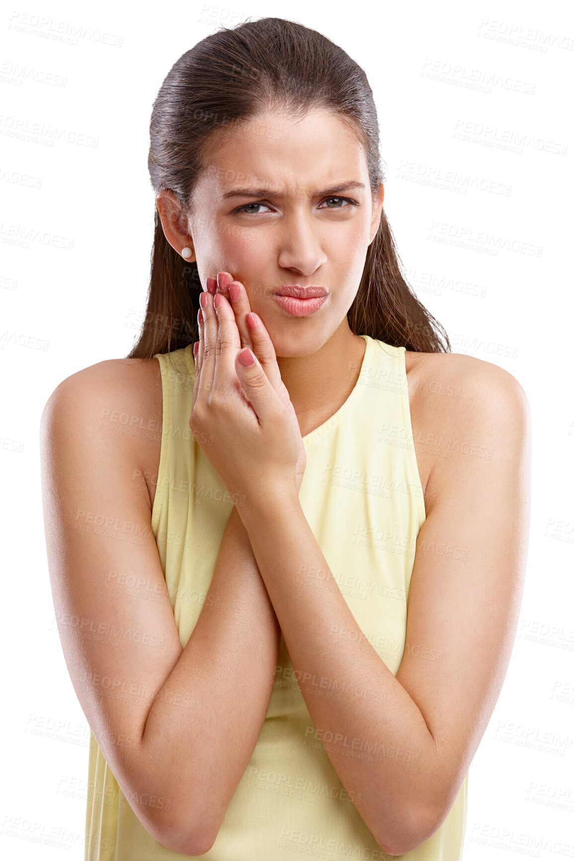 Buy stock photo Dental, toothache or pain and the portrait of a woman with a cavity isolated on a transparent background. Face, mouth and oral hygiene with a young female person on PNG for emergency medical care