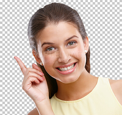 Buy stock photo Face of happy woman with deal, pointing up and isolated on transparent png background for promo or presentation. Information, announcement and smile with model showing opportunity, choice or idea