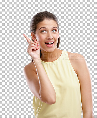 Buy stock photo Face of happy woman with announcement pointing up, isolated on transparent png background for promo offer or presentation. Information, deal promotion and girl showing opportunity, choice or opinion.