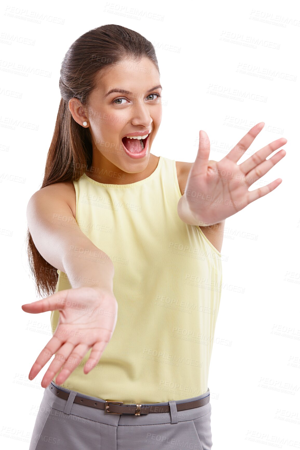 Buy stock photo Portrait, excited and woman stretching palms isolated on a transparent png background. Face, happy and person with hands extended to catch, show and sign for presentation, confidence and a smile