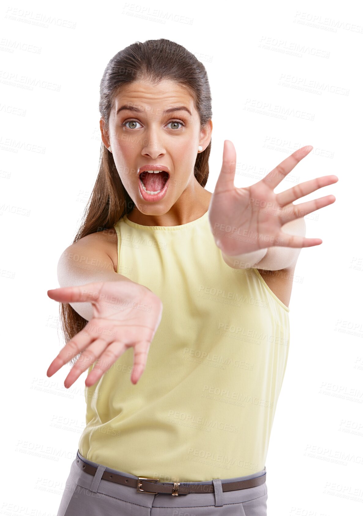 Buy stock photo Stretching, open hands and surprise with portrait of woman on png for news, promotion and palms. Welcome, shocked and offer with person isolated on transparently background for idea and announcement