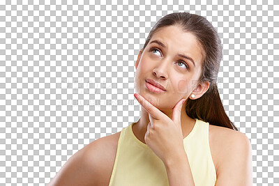 Buy stock photo Thinking, confused and idea with woman on png for doubt, question and planning. Vision, news and decision with person isolated on transparent background for solution, problem solving and future