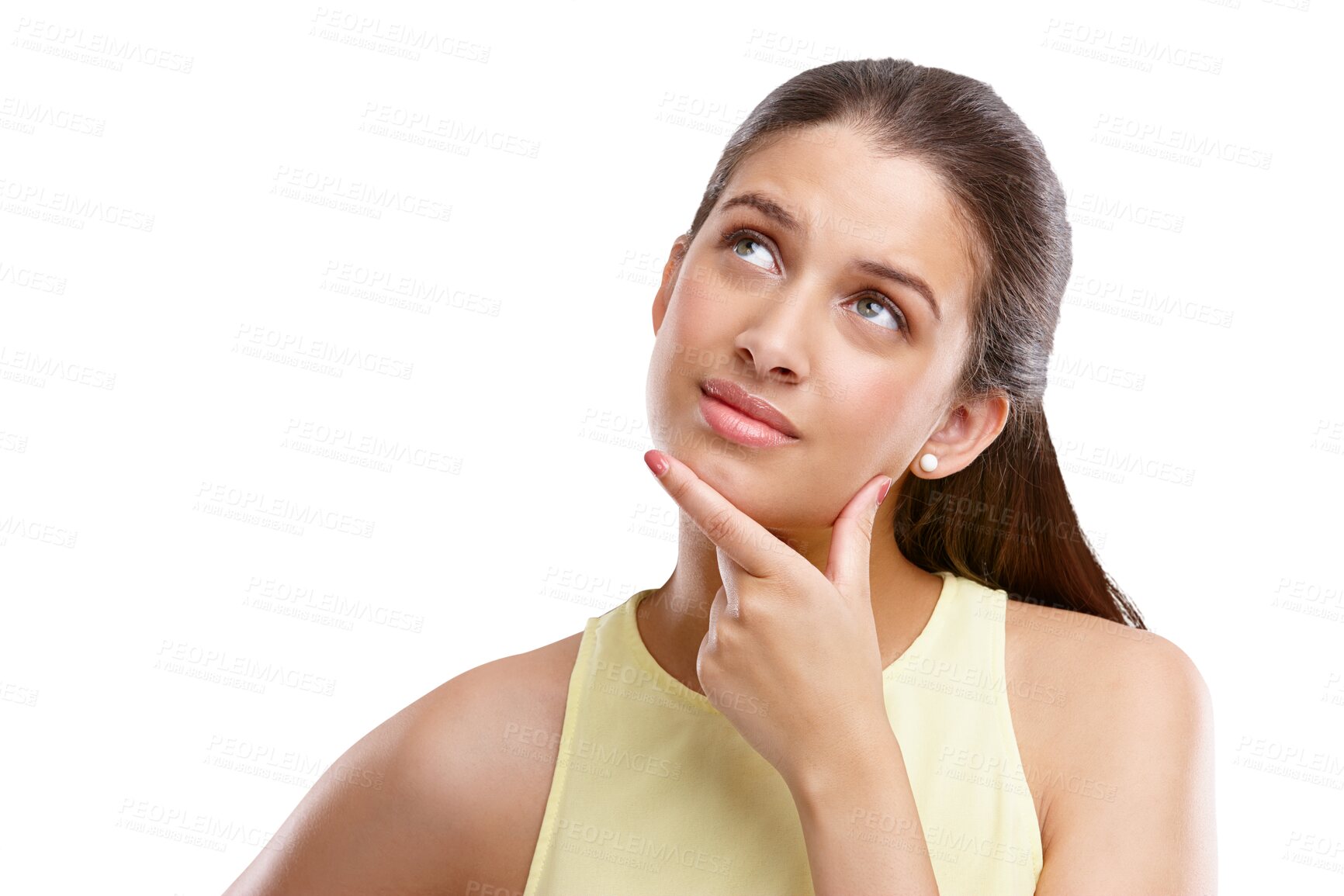 Buy stock photo Thinking, confused and idea with woman on png for doubt, question and planning. Vision, news and decision with person isolated on transparent background for solution, problem solving and future