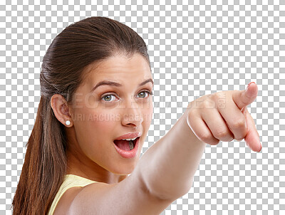 Buy stock photo Woman, excited and pointing forward isolated on transparent png background on choice, motivation or direction. Girl with hand gesture showing deal information, presentation of opportunity or decision