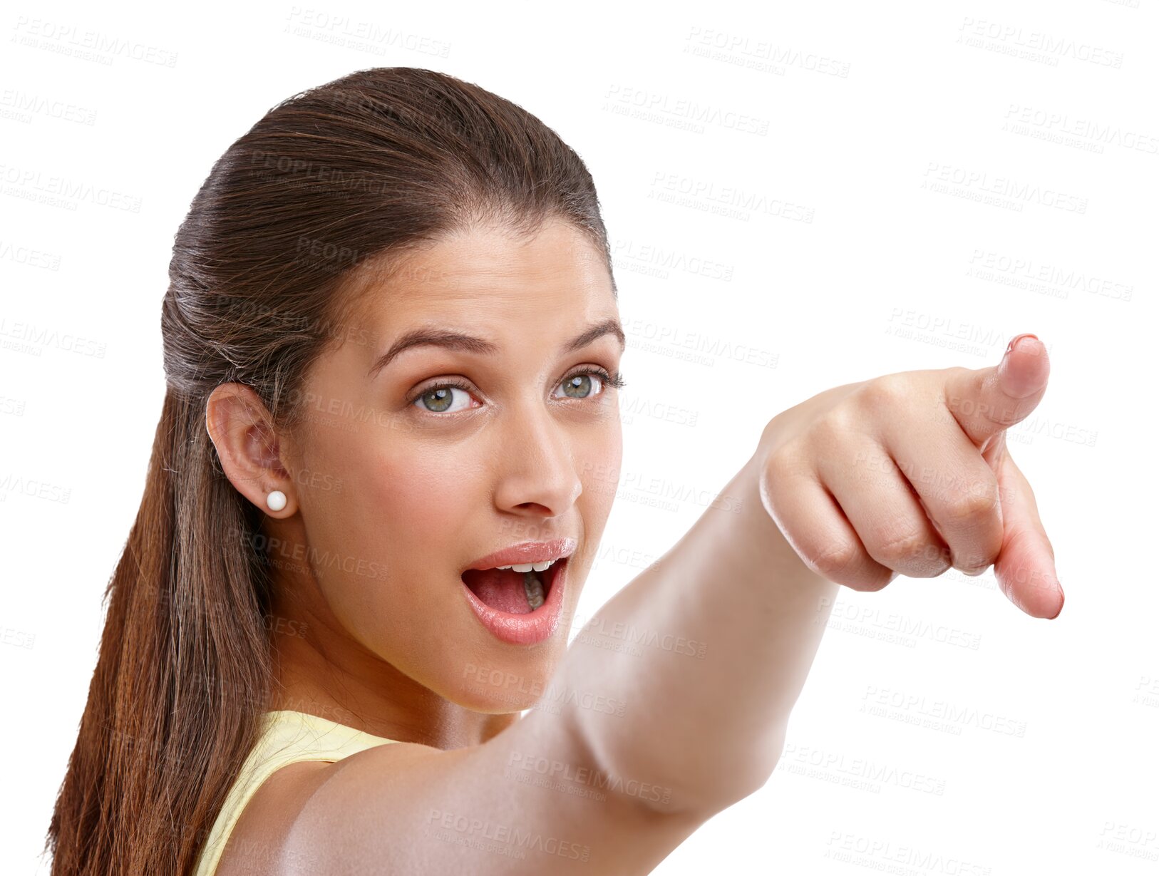 Buy stock photo Woman, excited and pointing forward isolated on transparent png background on choice, motivation or direction. Girl with hand gesture showing deal information, presentation of opportunity or decision