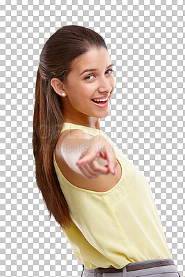 Buy stock photo Happy woman, portrait and pointing forward isolated on transparent png background on choice, motivation or direction. Girl with hand gesture showing information, recruitment opportunity or decision.