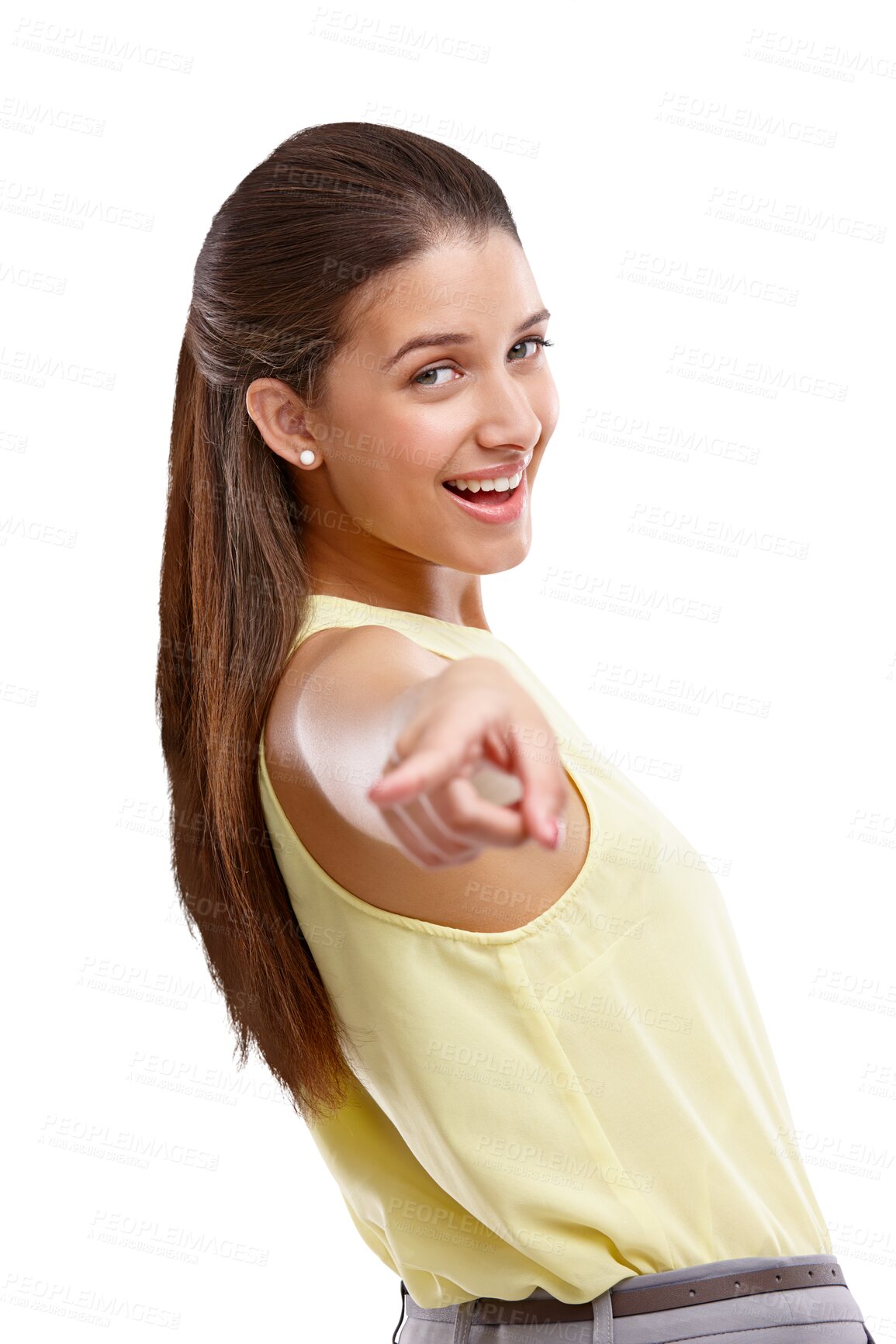 Buy stock photo Happy woman, portrait and pointing forward isolated on transparent png background on choice, motivation or direction. Girl with hand gesture showing information, recruitment opportunity or decision.