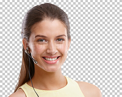 Buy stock photo Callcenter, smile and portrait of woman isolated on transparent png background in crm, advice and sales. Communication, telemarketing and happy help desk consultant, customer service agent or advisor