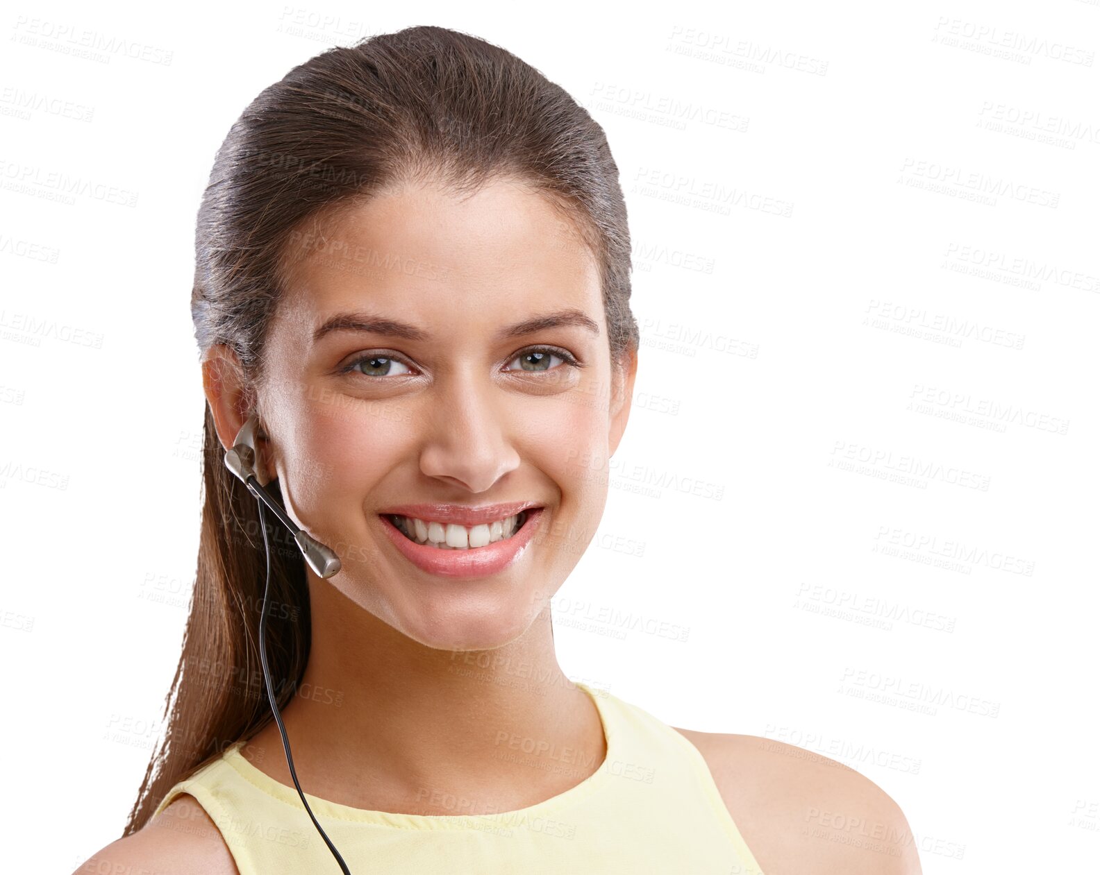 Buy stock photo Callcenter, smile and portrait of woman isolated on transparent png background in crm, advice and sales. Communication, telemarketing and happy help desk consultant, customer service agent or advisor