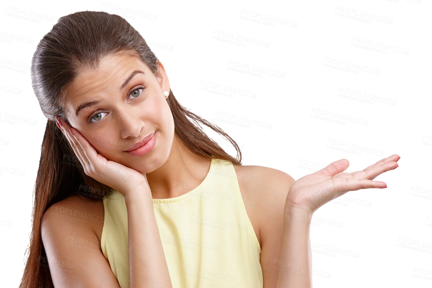 Buy stock photo Confused, woman and portrait with choice in hand to show a decision, menu or option on transparent, isolated or png background. Unsure, thinking and face of lady with presentation of information