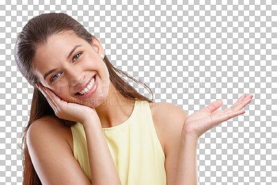 Buy stock photo Happy, hand and portrait of woman with promotion, smile and confidence. Beautiful, young and female promoter or girl with a gesture or showing for advertising isolated on a transparent png background