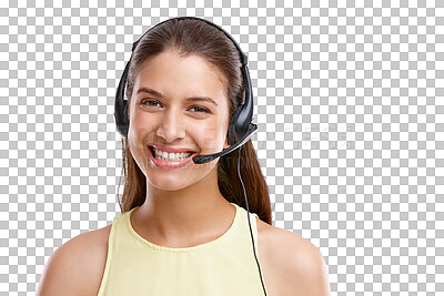 Buy stock photo Telemarketing, smile and portrait of woman isolated on transparent png background in crm, advice and sales. Communication, callcenter and happy help desk consultant, customer service agent or advisor