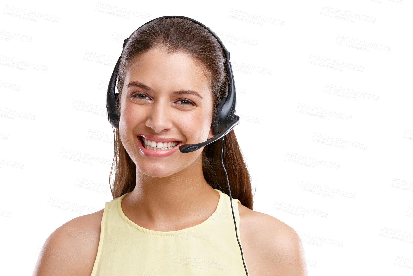 Buy stock photo Telemarketing, smile and portrait of woman isolated on transparent png background in crm, advice and sales. Communication, callcenter and happy help desk consultant, customer service agent or advisor