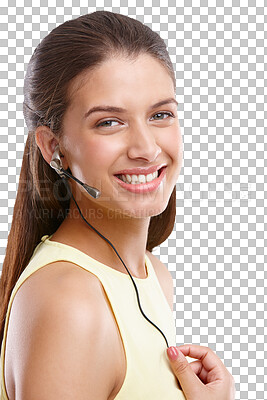 Buy stock photo Customer service, smile and portrait of woman isolated on transparent png background in crm, advice and sales. Communication, telemarketing and happy help desk consultant, callcenter agent or advisor