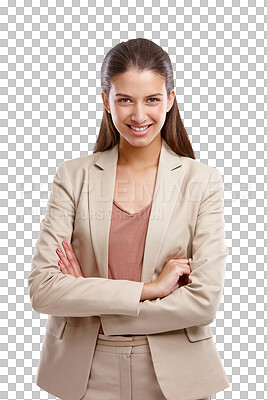 Buy stock photo Crossed arms, confident and portrait of businesswoman in a classy, formal or trendy outfit. Professional, smile and young female model with elegant style isolated by transparent png background.