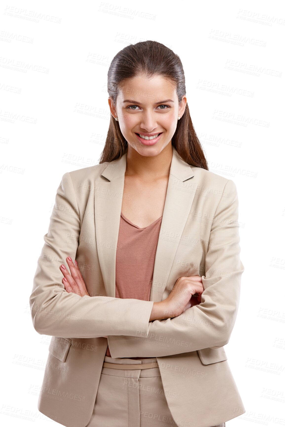 Buy stock photo Crossed arms, confident and portrait of businesswoman in a classy, formal or trendy outfit. Professional, smile and young female model with elegant style isolated by transparent png background.