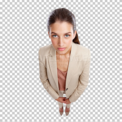 Buy stock photo Portrait, corporate and suit with a business woman isolated on a transparent background for a job opportunity. Face, professional and formal with a young female on PNG from above for a work career