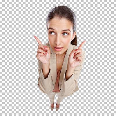 Buy stock photo Pointing up, high angle and business woman on isolated, png and transparent background for marketing. Professional, advertising and female person with hand gesture for promotion, information and news