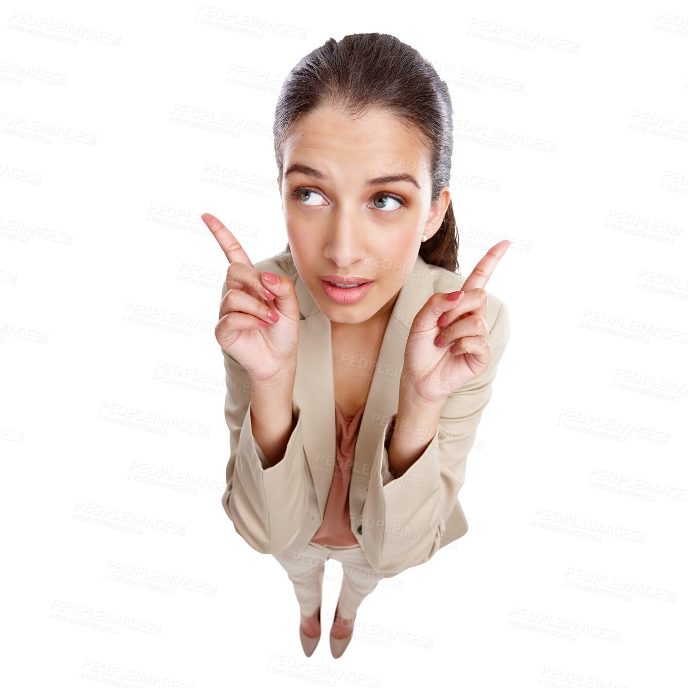 Buy stock photo Pointing up, high angle and business woman on isolated, png and transparent background for marketing. Professional, advertising and female person with hand gesture for promotion, information and news