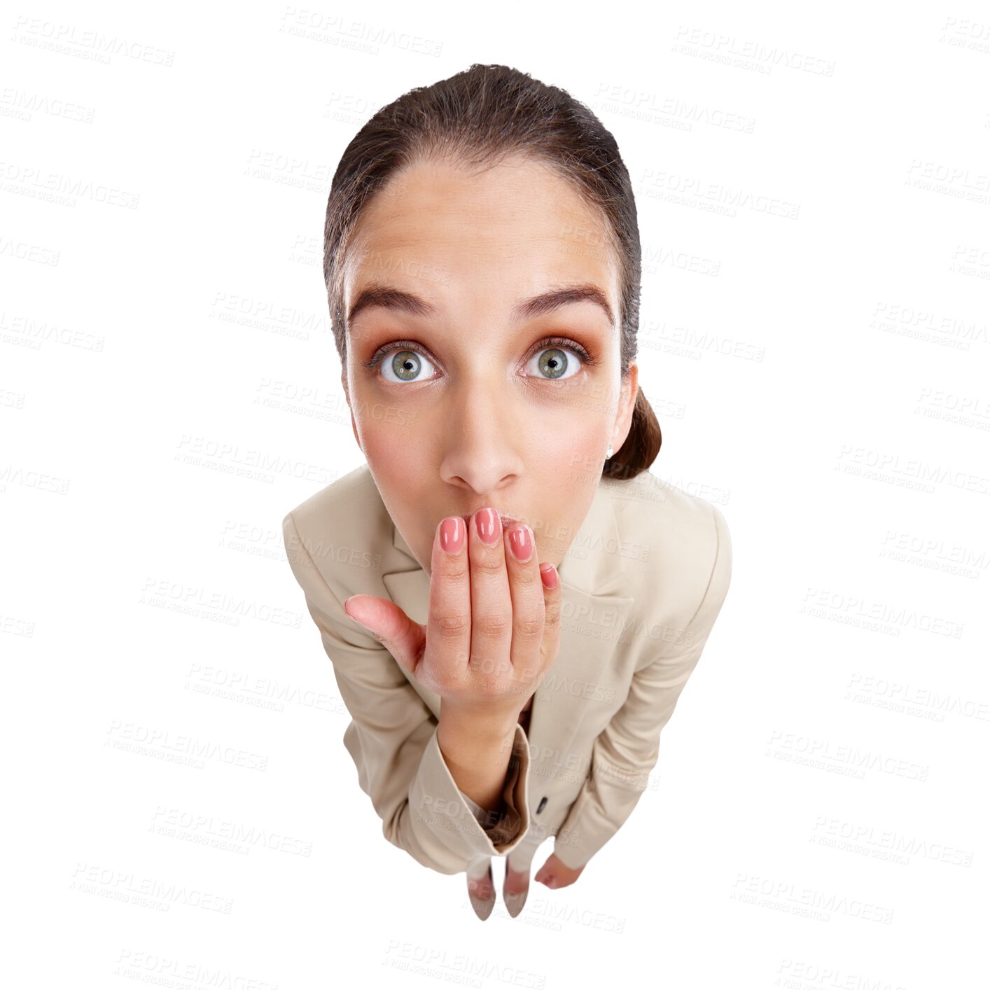 Buy stock photo Portrait, business and woman with shock, announcement or gossip isolated on a transparent background. Top view, person or secret with surprise, excited or wow with png, face or confidential with news