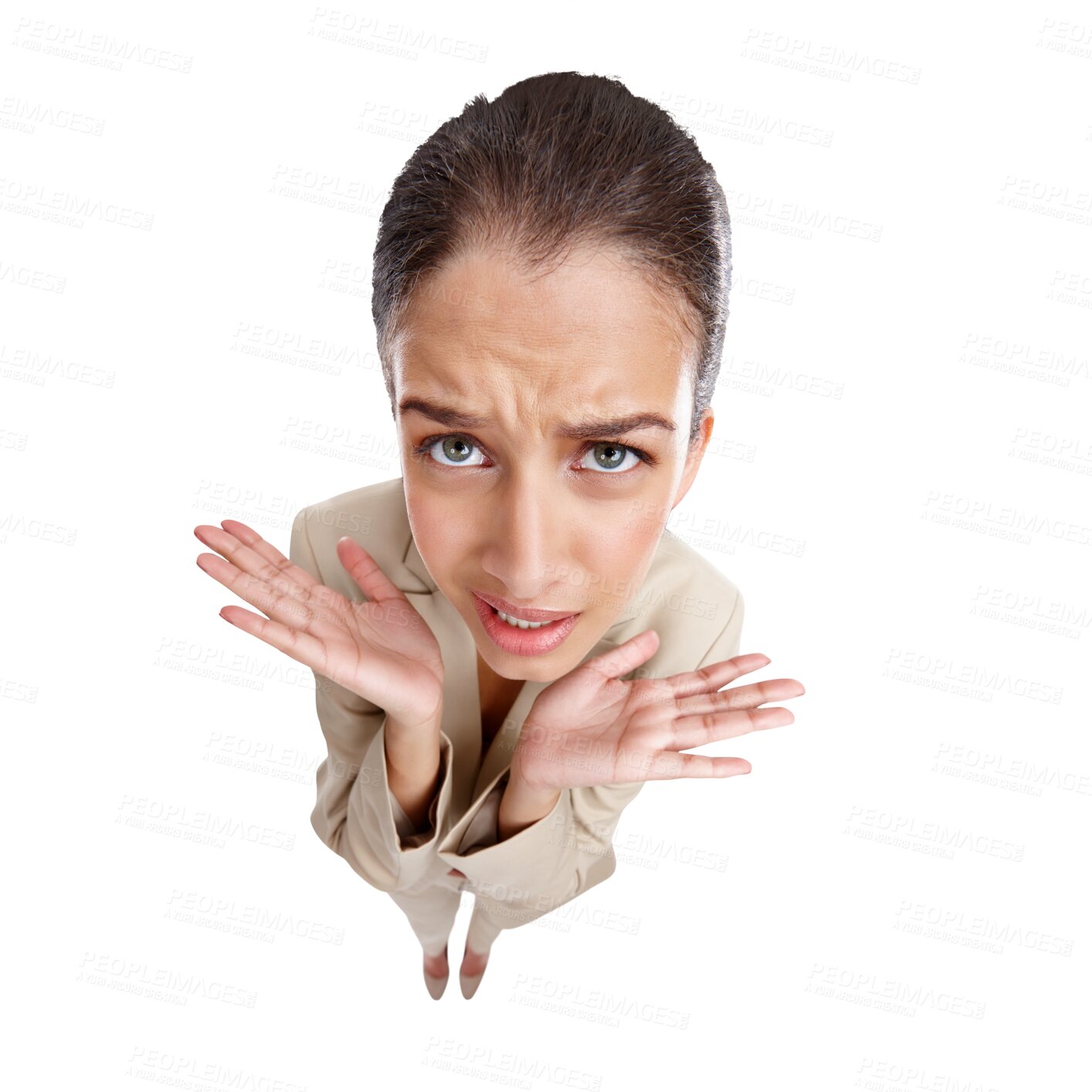 Buy stock photo Portrait, confused and business woman with decision in top view isolated on transparent png background. Face, shrug and professional person with doubt, option choice or question, why or puzzled emoji