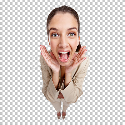 Buy stock photo Screaming, excited and portrait of business woman on png for news, announcement and surprise. Alert, notification and wow with employee isolated on transparent background for shouting from above