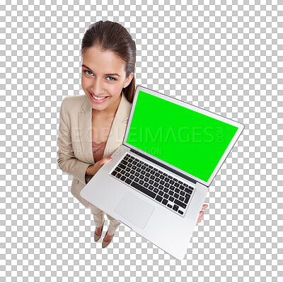 Buy stock photo High angle portrait of woman with laptop, green screen and isolated on transparent png background with website info mockup. Internet, online promotion and happy model with computer, smile and space.