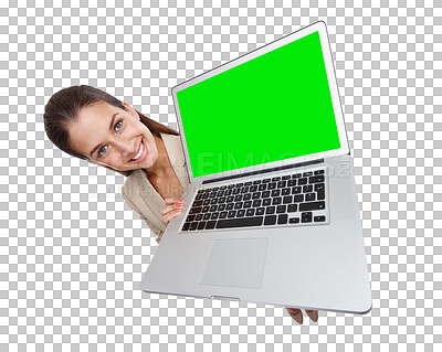 Buy stock photo Portrait of woman with laptop, green screen and isolated on transparent png background with high angle website info mockup. Internet, online promotion and happy model with computer, smile and space.